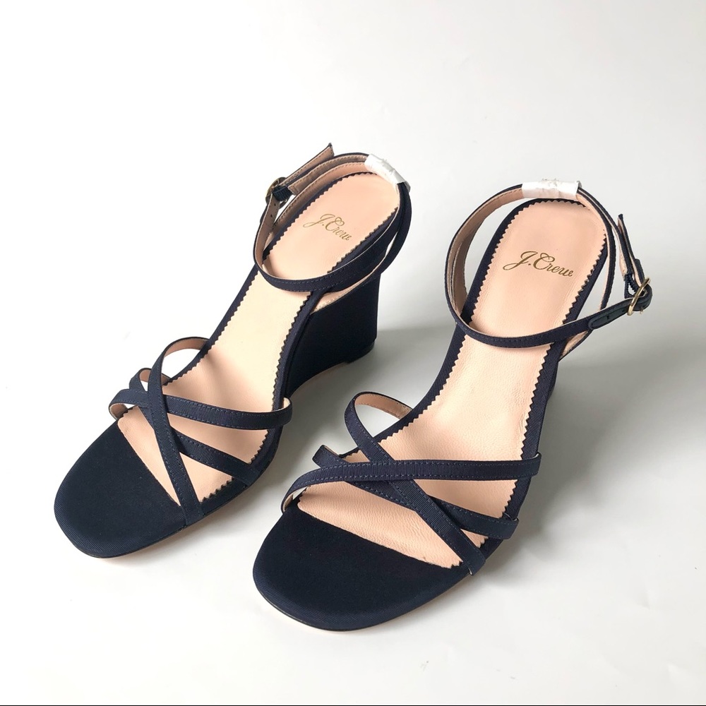 J.Crew Navy Cross Strap Wedge Sandals in Silk Faille Size 7.5